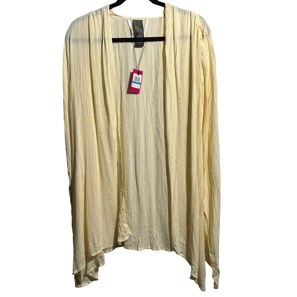 NWT Vince Camuto Ivory Metallic Stripe Open Front Kimono Cardigan Fringe Boho OS